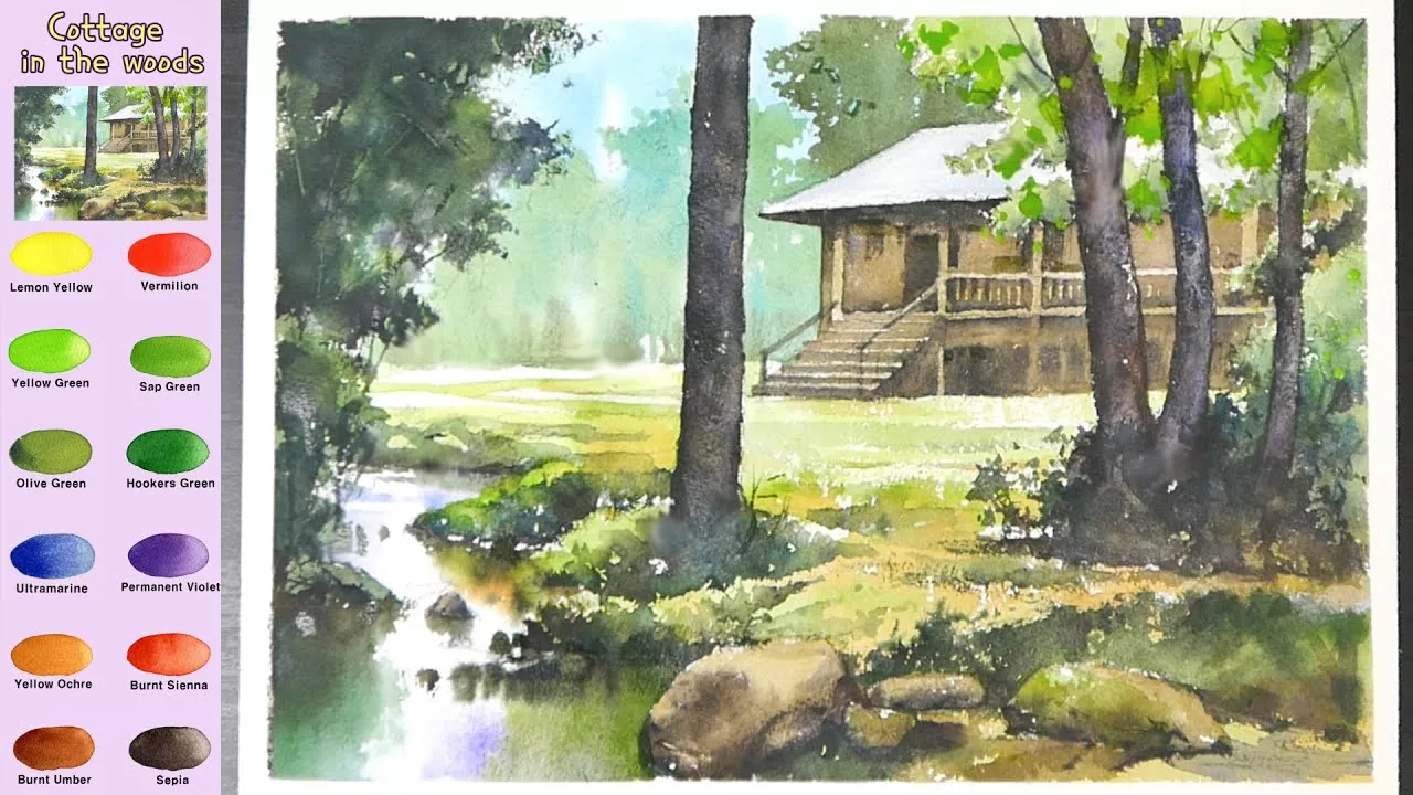 树林中的小屋——  风景水彩  (草图 &  颜色名称，  水彩材料）