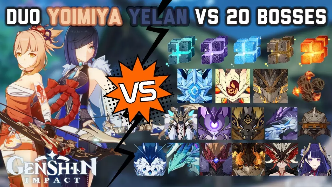 Duo Yoimiya Yelan vs 20 Bosses Without Food Buff | Genshin Impact