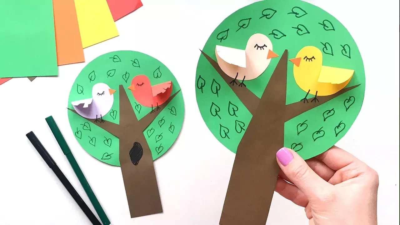 Птички на дереве. Детская аппликация из бумаги.