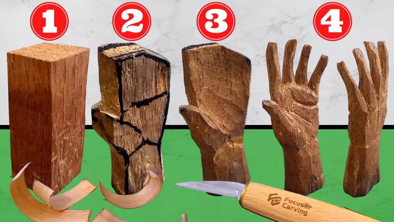 🖐️​ 5 Steps for CARVE a HAND in Wood, EASILY,  Whittling and WOOD CARVING for beginners