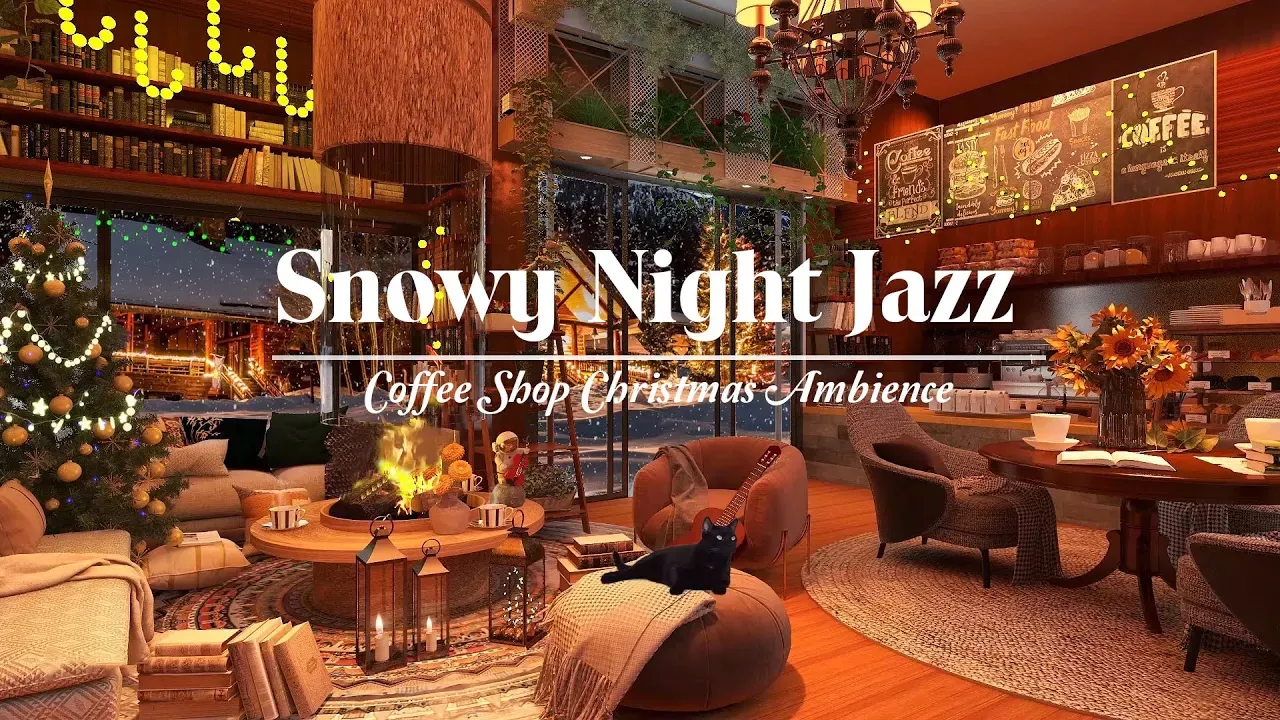 Warm Snow Night at Cozy Christmas Ambience With Piano Jazz Music & Cozy Fireplace for Good Mood