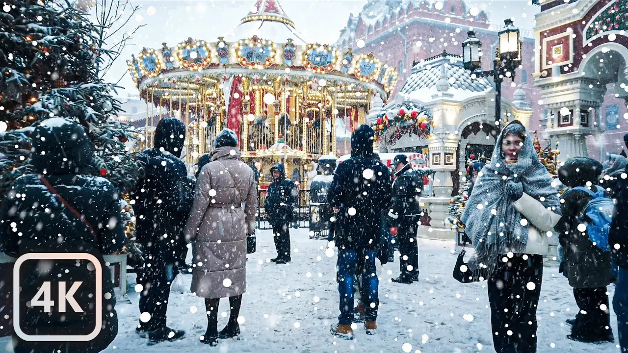 【4K】Снегопад в Москве и рождественские ярмарки | Зима в Москве, Россия