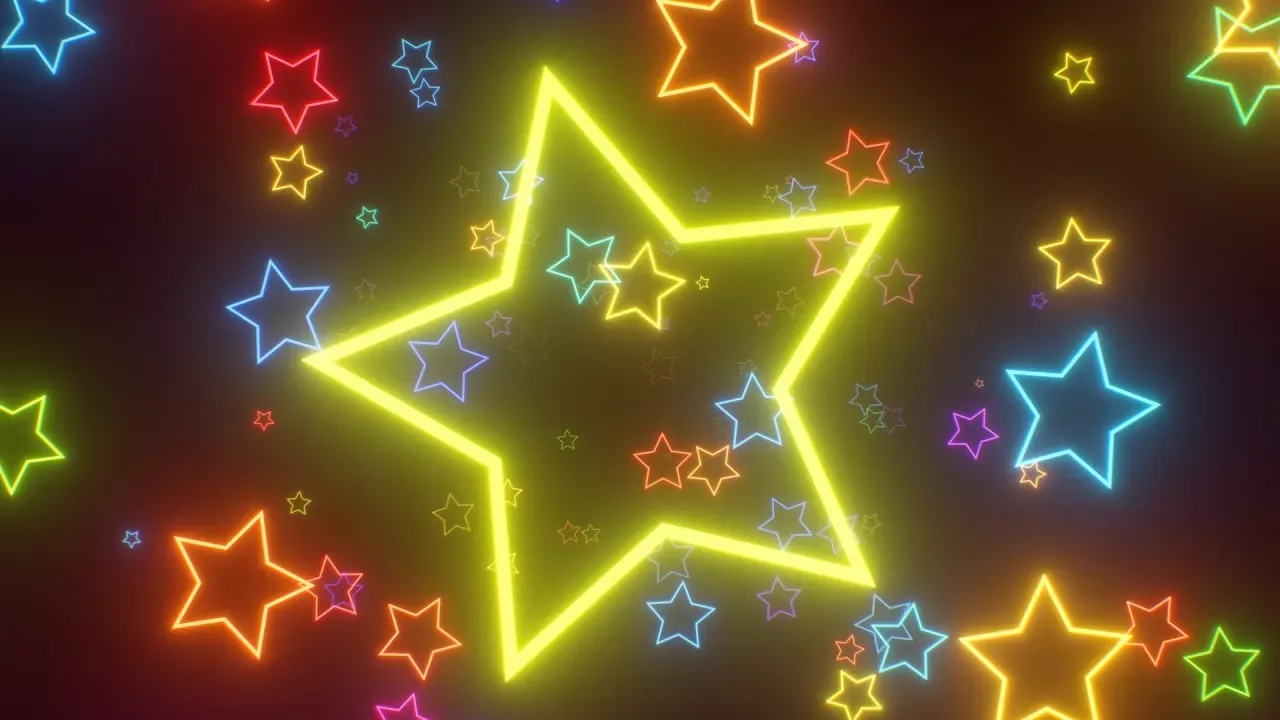 Neon Star Shape Rainbow Fluorescent Glow LED Lights Shine Fly Forward 4K Video Effects HD Background
