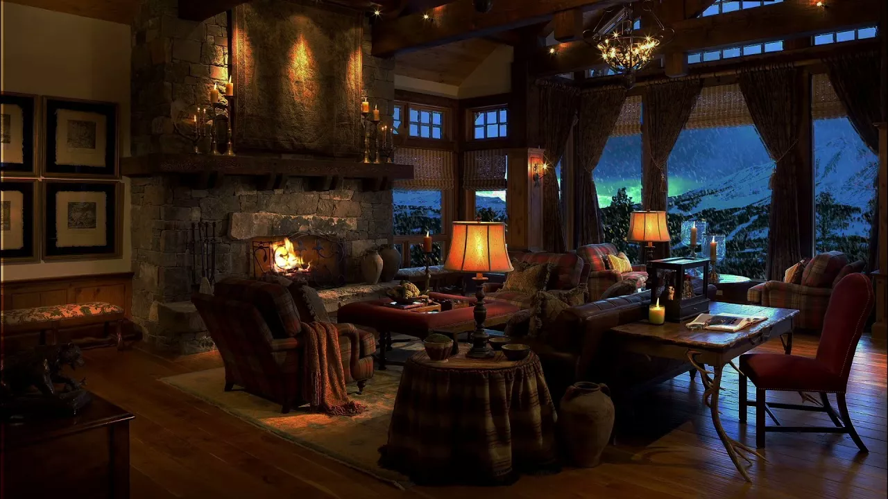 Cozy Winter Cabin with Relaxing Snowstorm, Crackling Fireplace Heavy Wind Sounds for Sleep & Relax